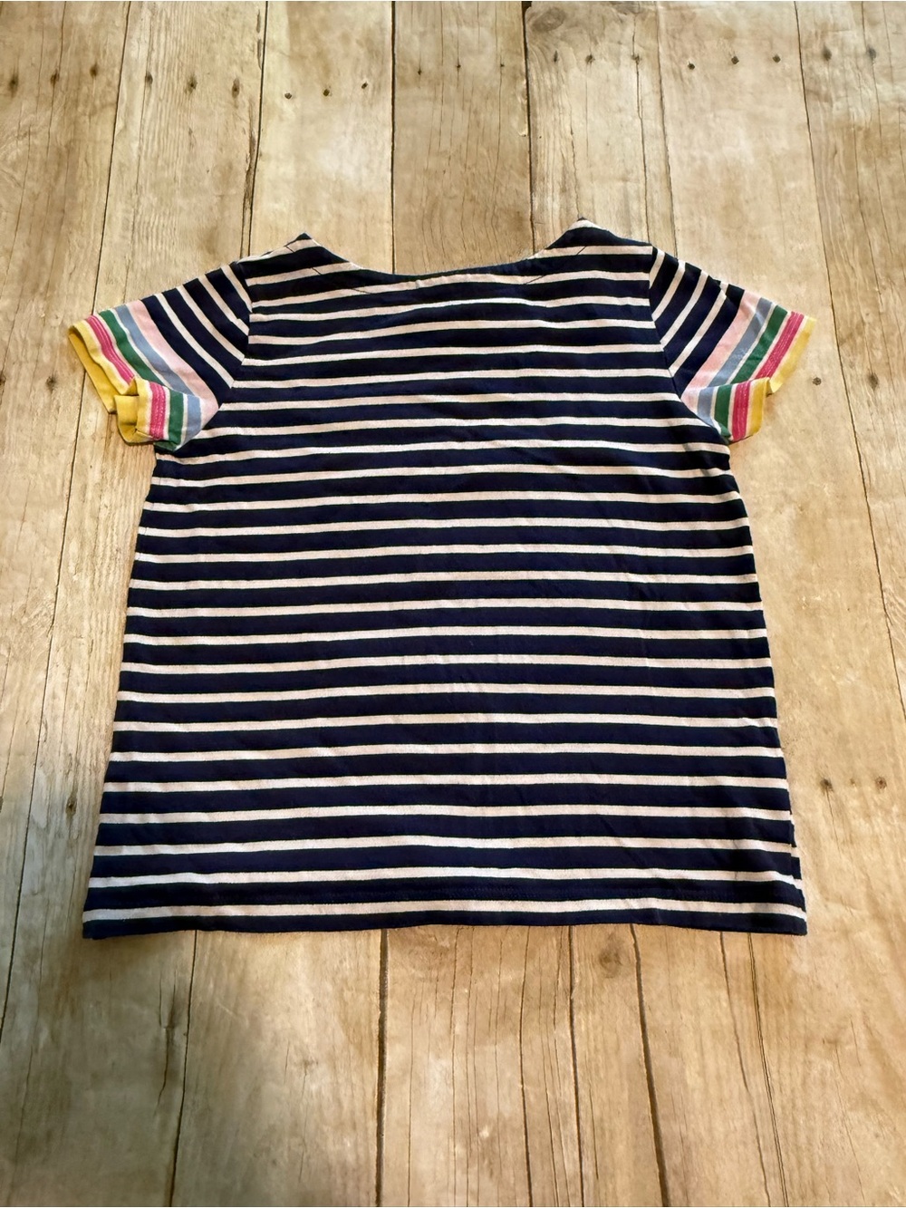 Mini Boden Navy & White Stripe Tee with Multicolor Sleeves - Size 9/10